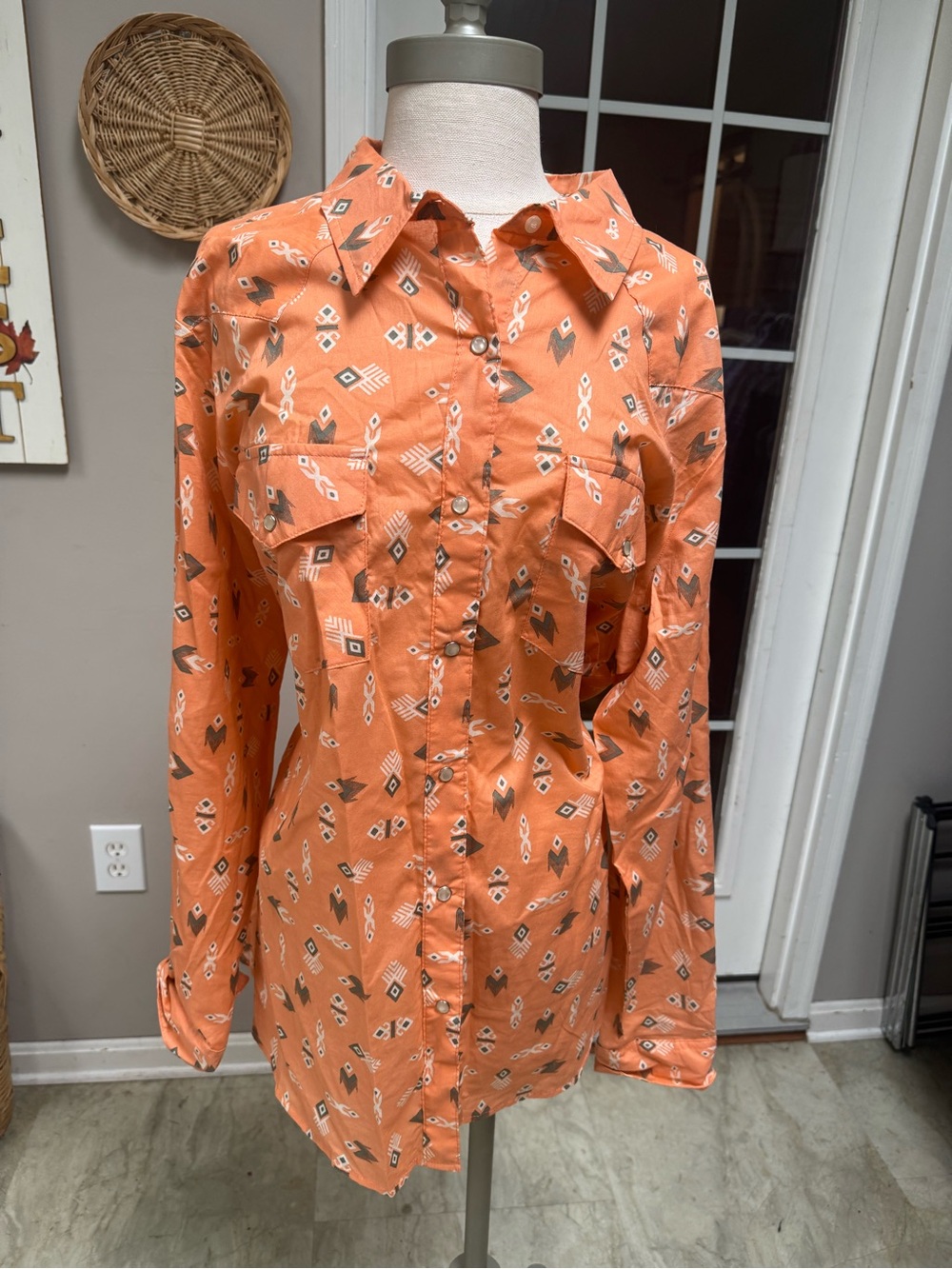 Wrangler Rancher Peach Orange Aztec Tribal Pearl Snap Western Shirt XXL